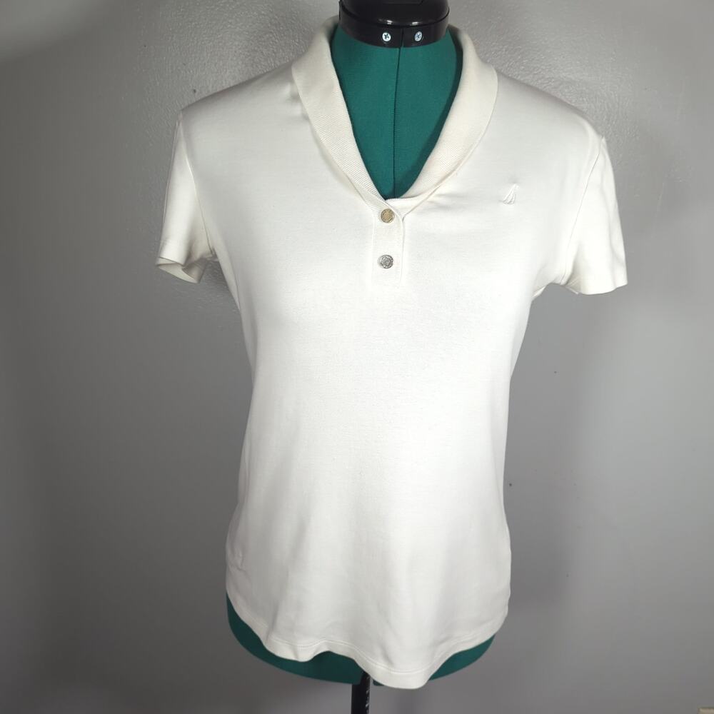 Nautica White Cotton Snap Polo Top Size M Tenniscore Preppy